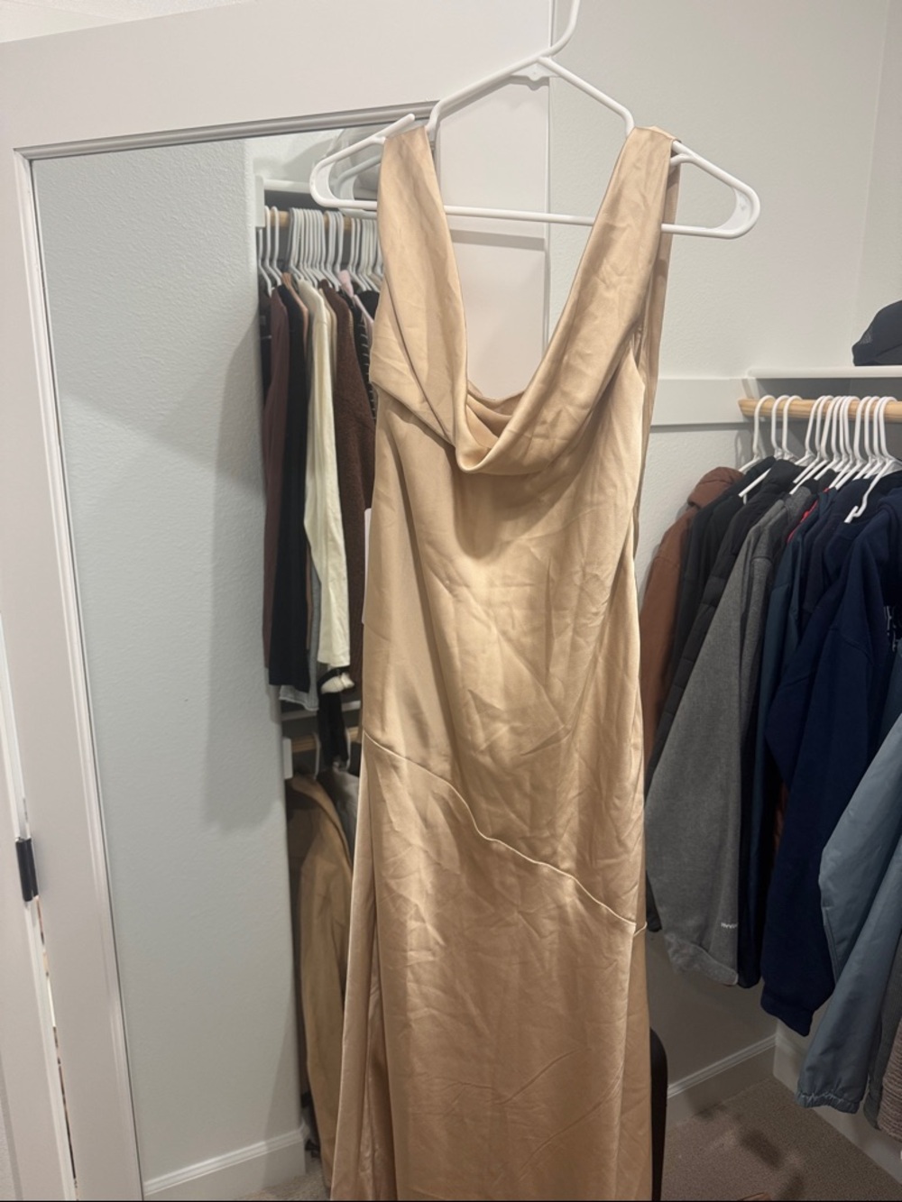 Azazie Champagne Satin Cowl-Neck Maxi Dress